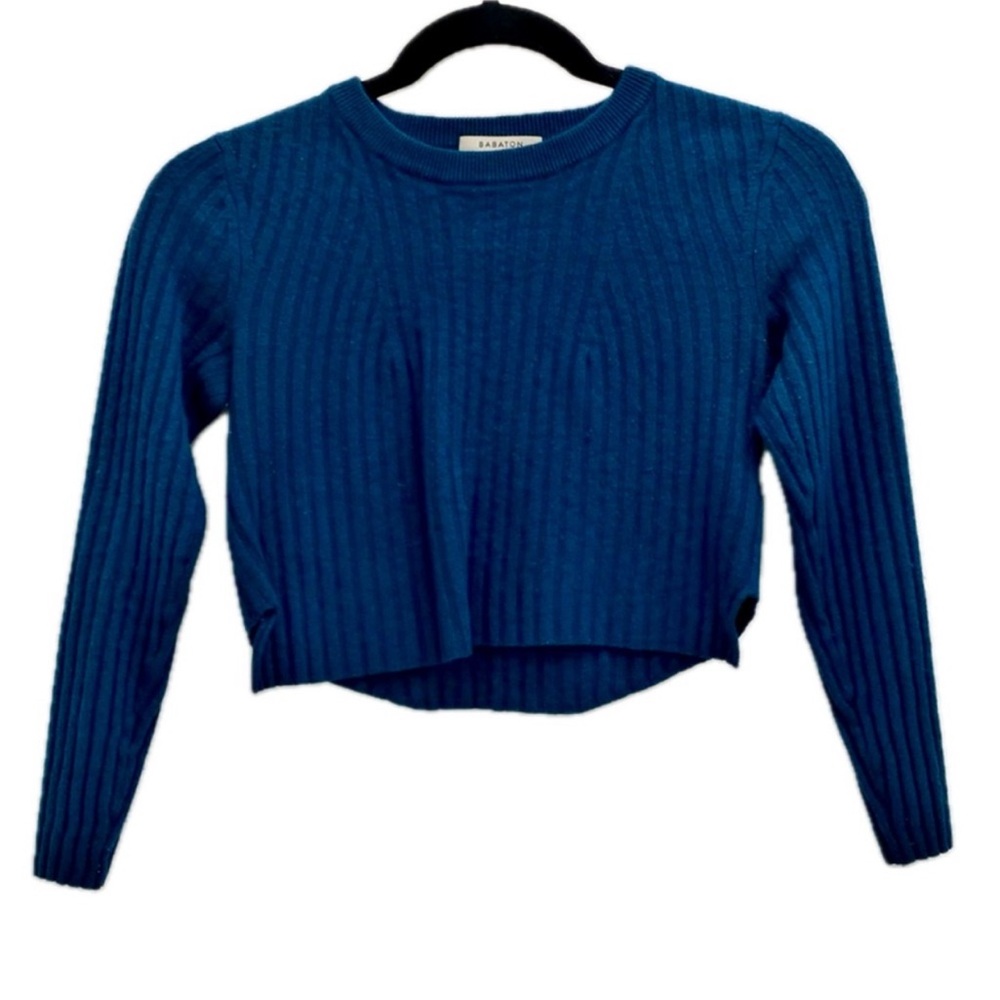 💥 Babaton Wool Blend Ribbed Longsleeve Crop Sweater – Deep Teal / Petrol Blue - Picture 3 of 3